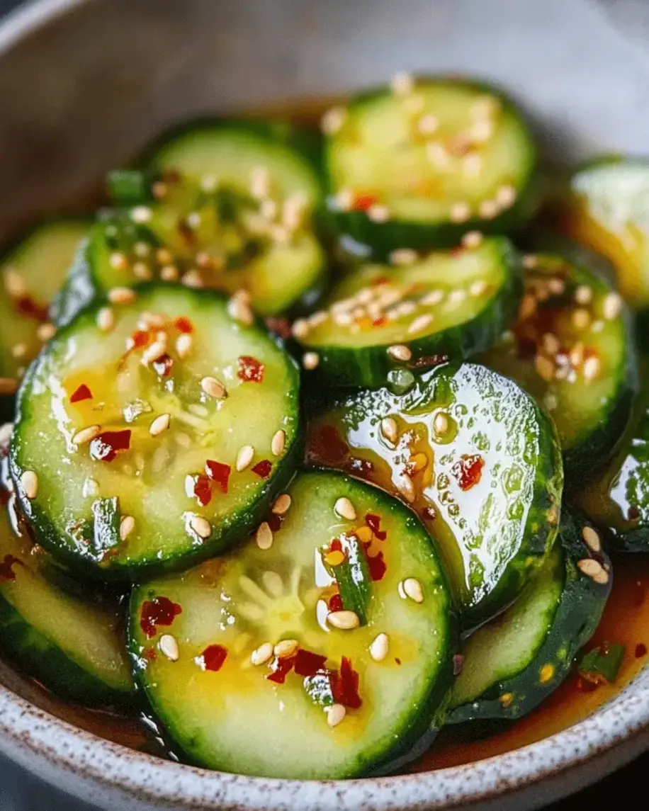 Close-up of Sesame Cucumber Salad with sesame seeds and scallions