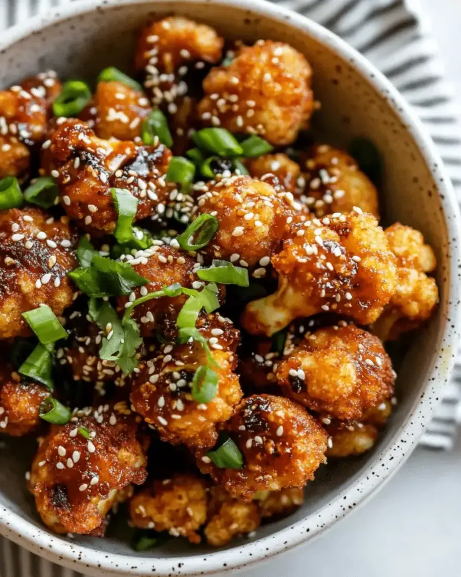 Finished crispy air-fried cauliflower drizzled with spicy sesame sauce, ready to serve.