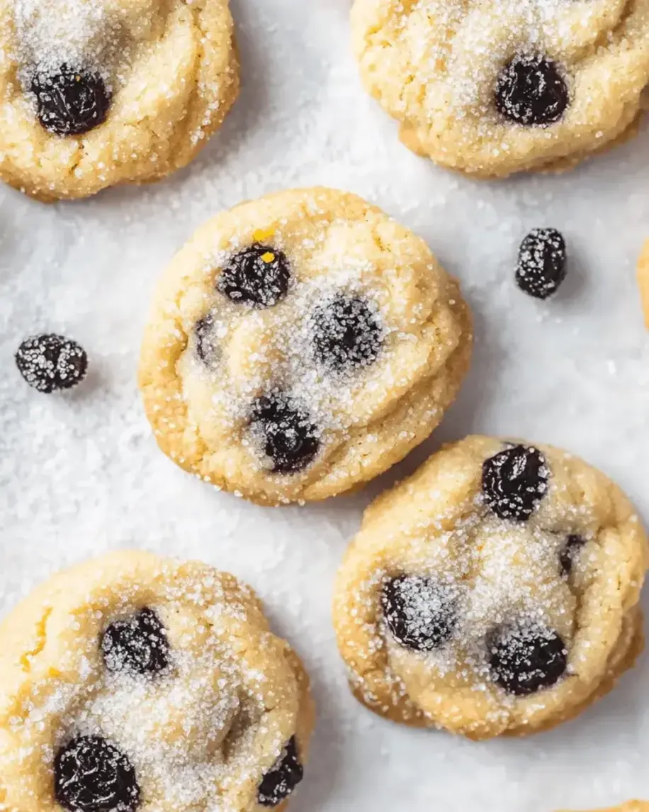 Close-up of lemon blueberry sugar cookies on a plate, highlighting their soft texture and blueberry toppings.
