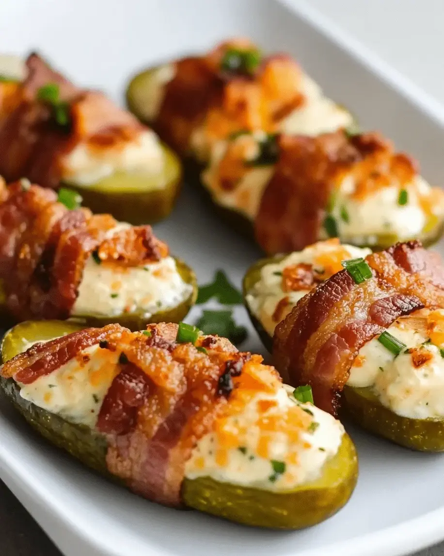 Close-up of bacon-wrapped pickles ready for the air fryer, showcasing crispy texture and creamy filling.