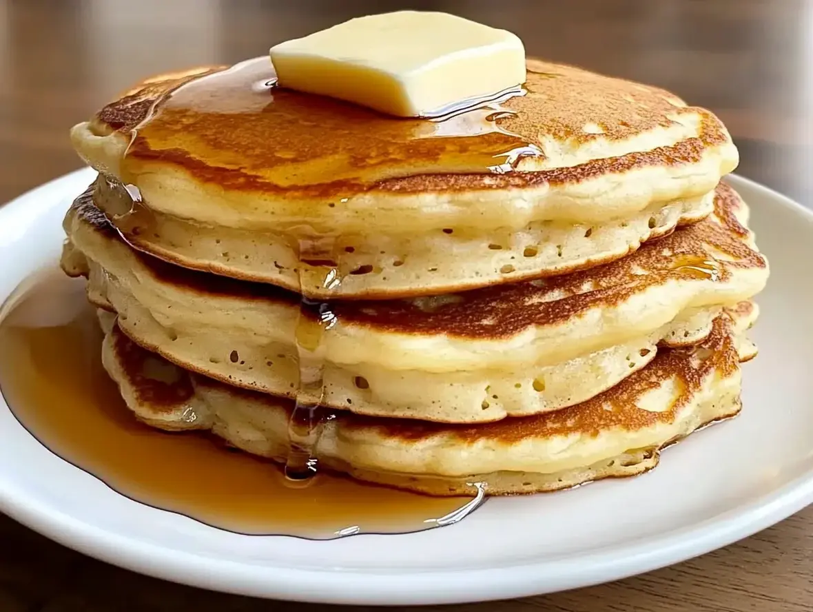 Stack of fluffy old fashioned pancakes with syrup dripping down the sides.
