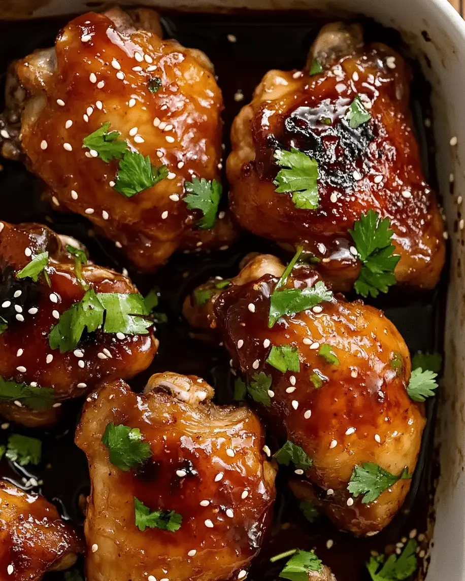 Delicious sticky glazed baked chicken thighs or drumsticks fresh out of the oven