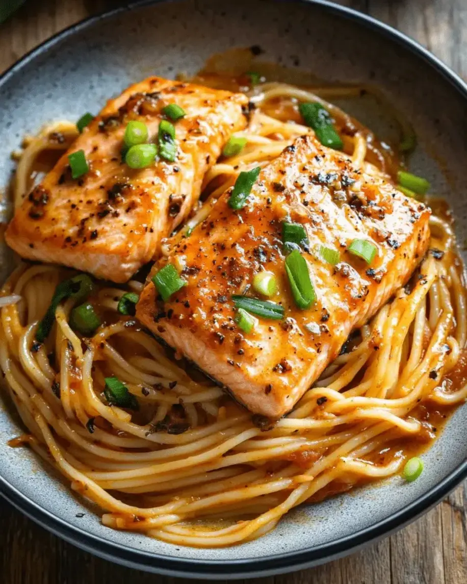 Finished dish of creamy garlic salmon noodles ready to serve