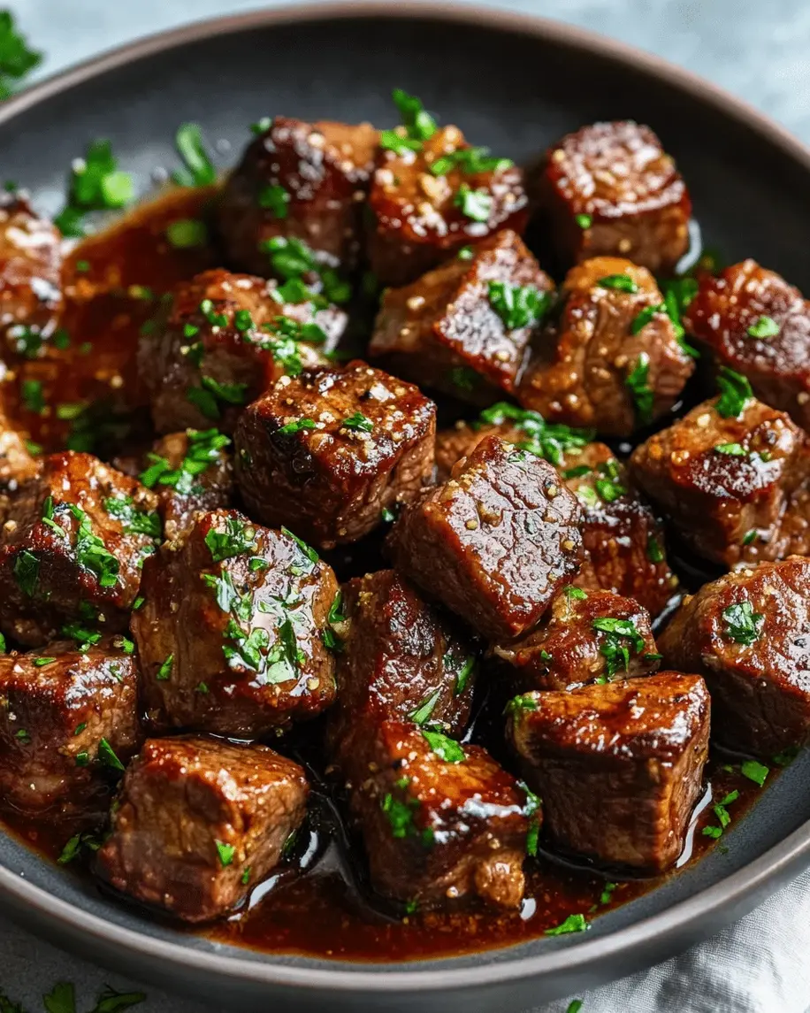 Garlic Butter Steak Bites sizzling in a pan with herbs and garlic for a savory visual