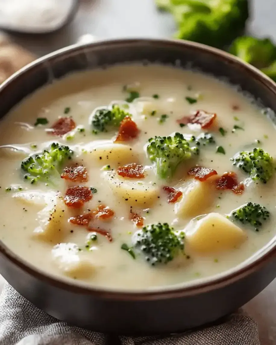 Steaming bowl of finished creamy broccoli and potato soup garnished with herbs.