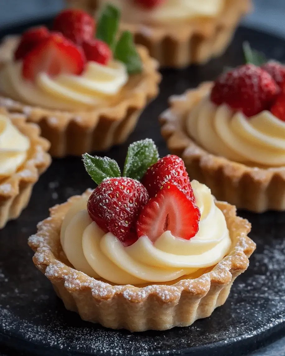Freshly baked strawberry tartlets arranged on a serving platter