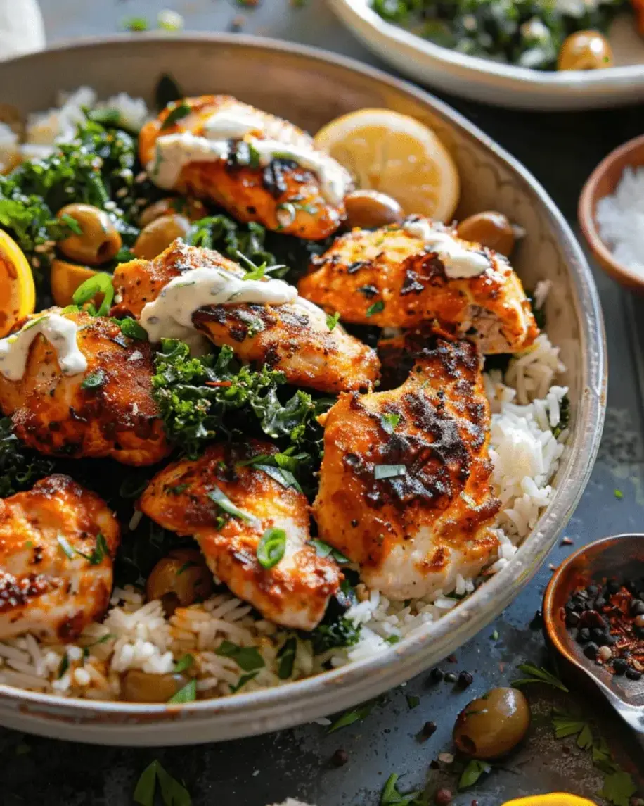 Finished Mediterranean Chicken and Kale Bowl ready to serve