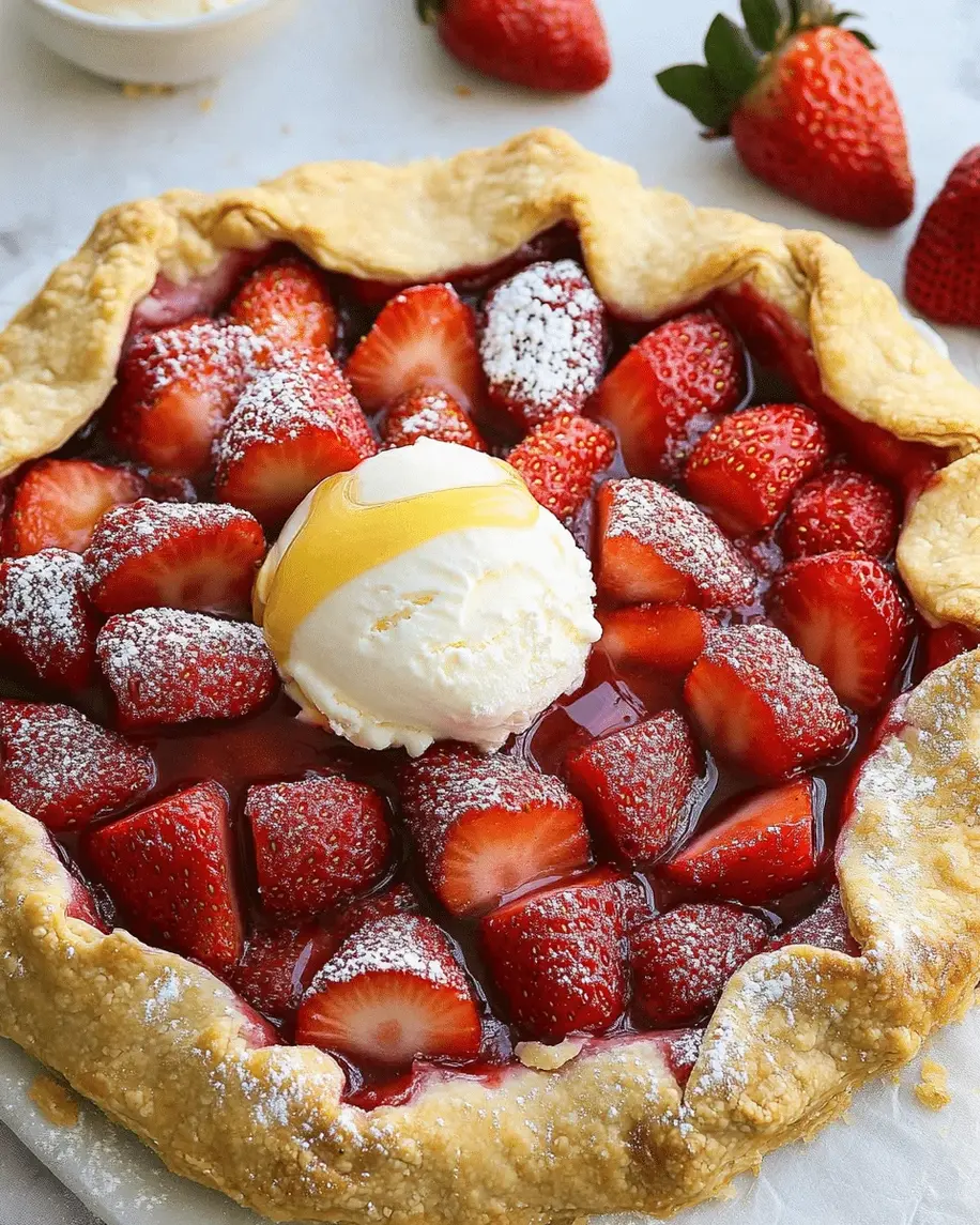 A beautifully plated slice of fresh strawberry galette, drizzled with honey and topped with a scoop of vanilla ice cream, surrounded by fresh strawberries for an appetizing presentation before the FAQs section.