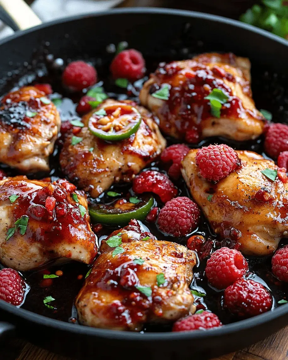 Spicy Raspberry Glazed Chicken being prepared with fresh ingredients.