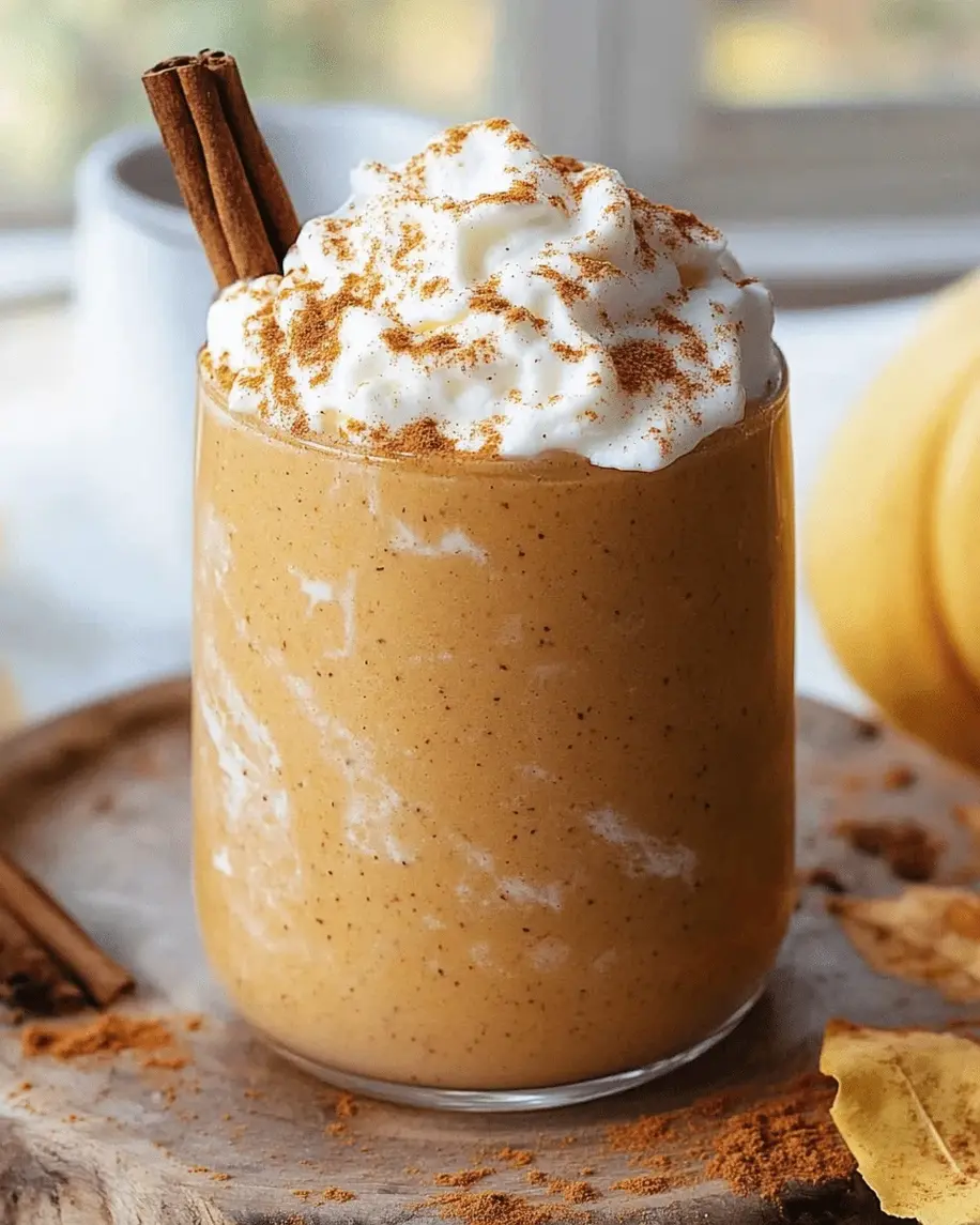 A glass of creamy pumpkin spice smoothie with whipped topping and spices sprinkled on top