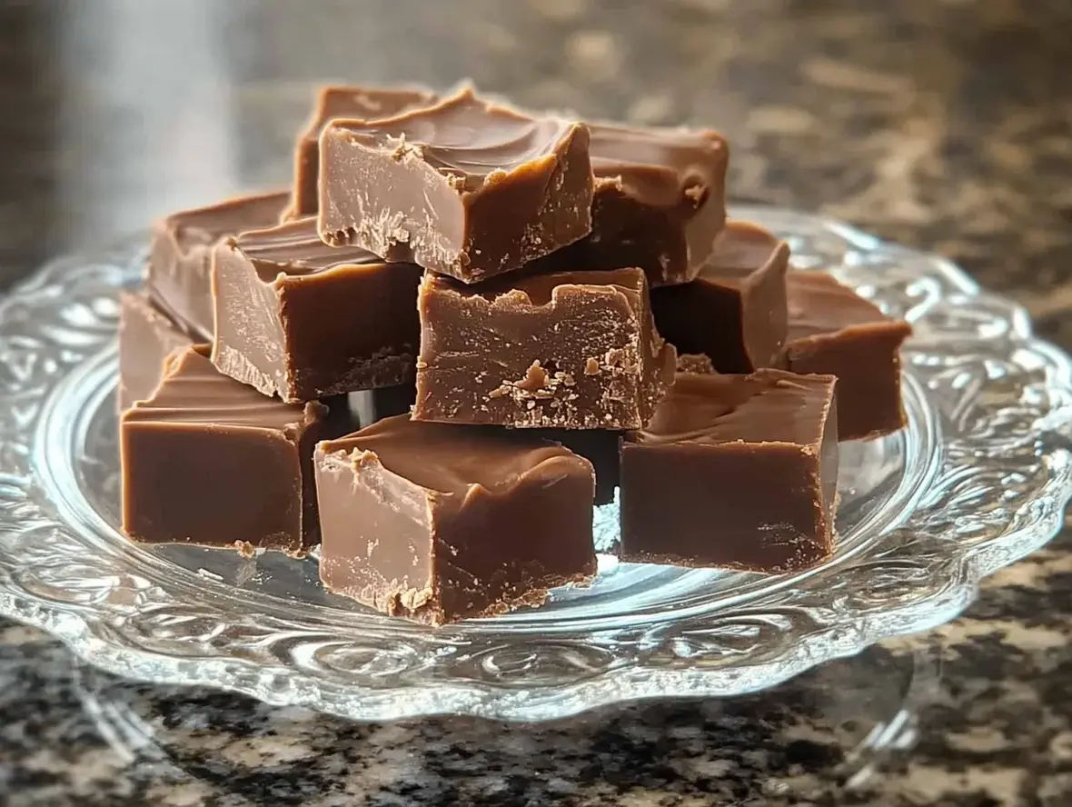 Close-up of creamy, rich old-fashioned fudge cut into squares on a parchment-lined tray.