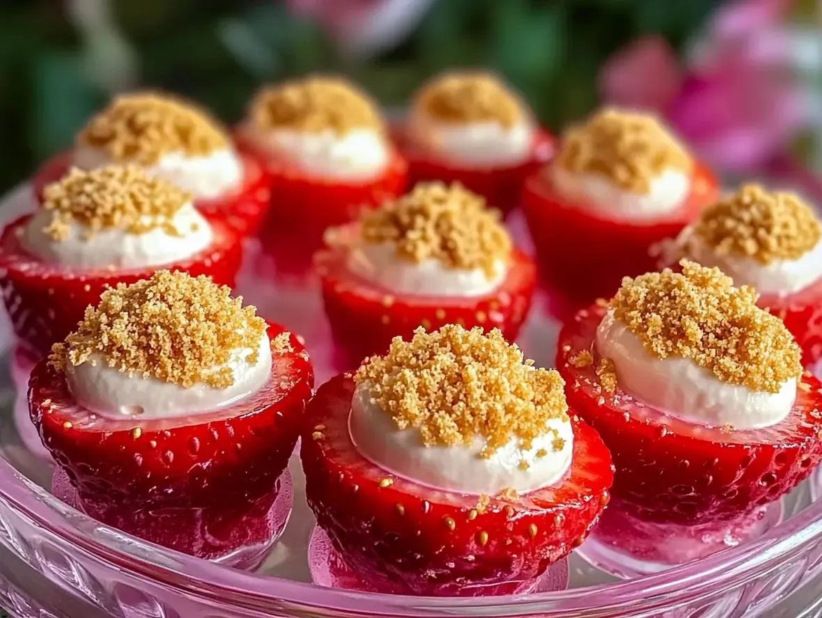 Deviled strawberries filled with creamy cheesecake and garnished