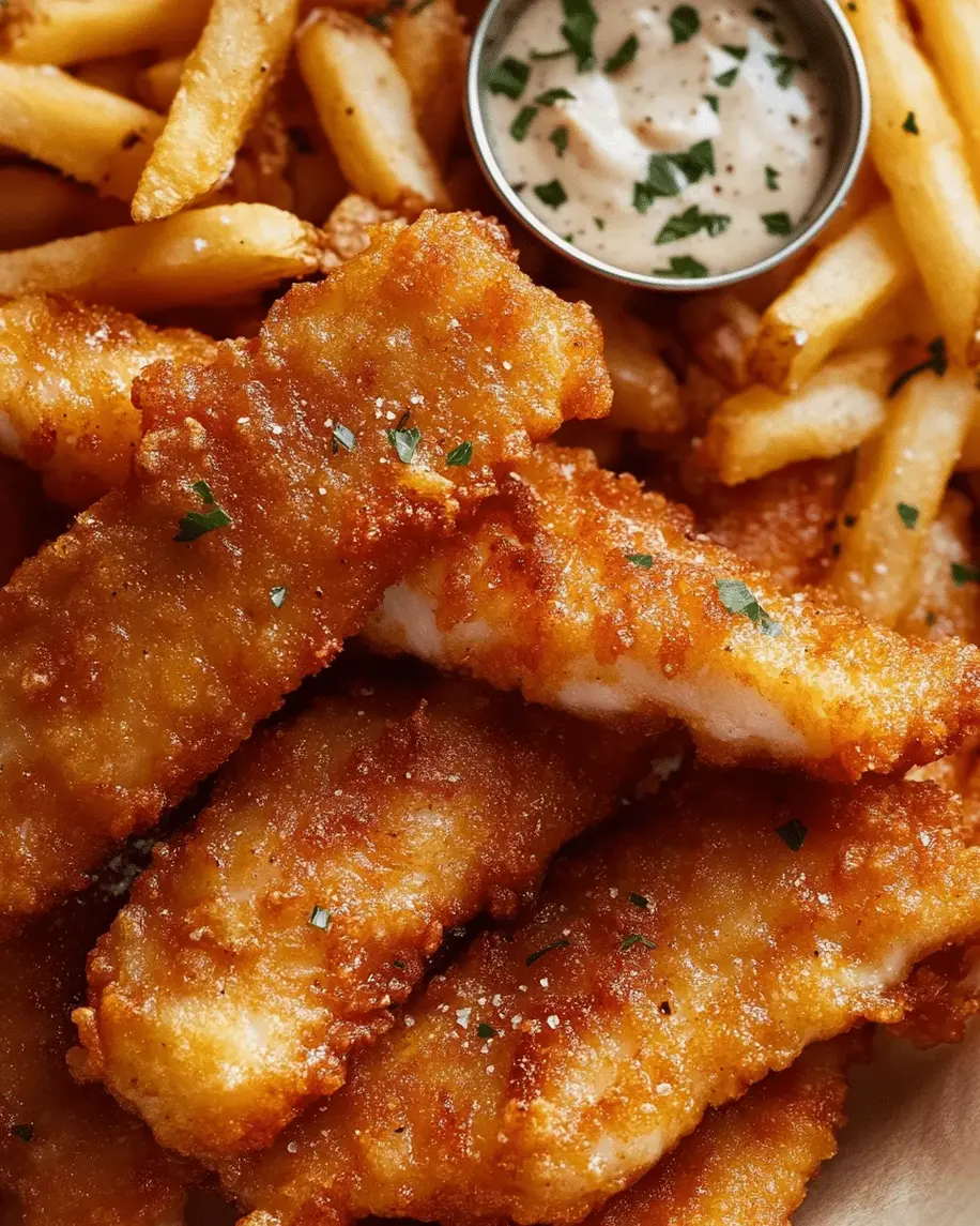 Crispy fish fillets and homemade fries served on a plate with lemon wedges