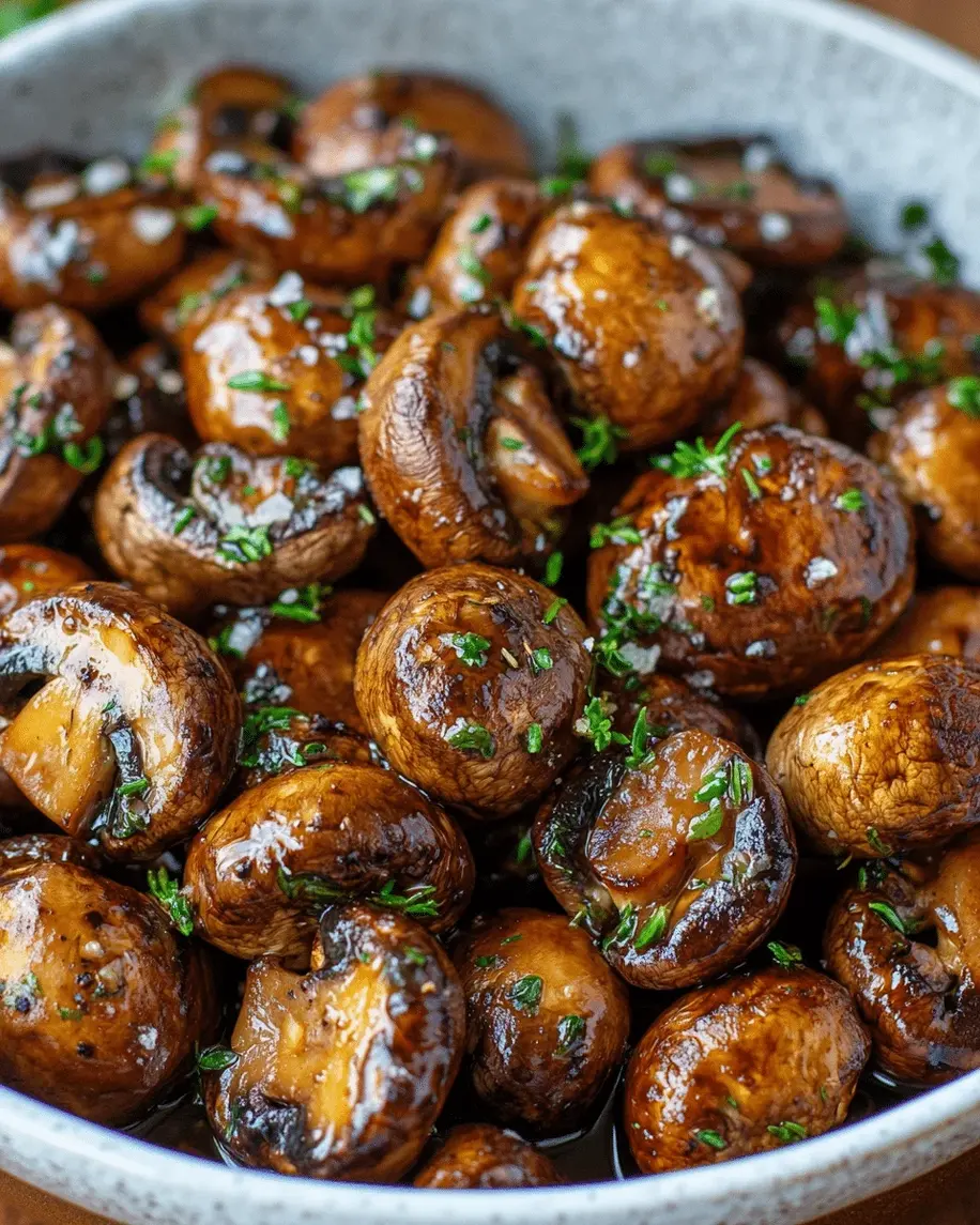 Roasted balsamic mushrooms fresh out of the oven with garlic and thyme