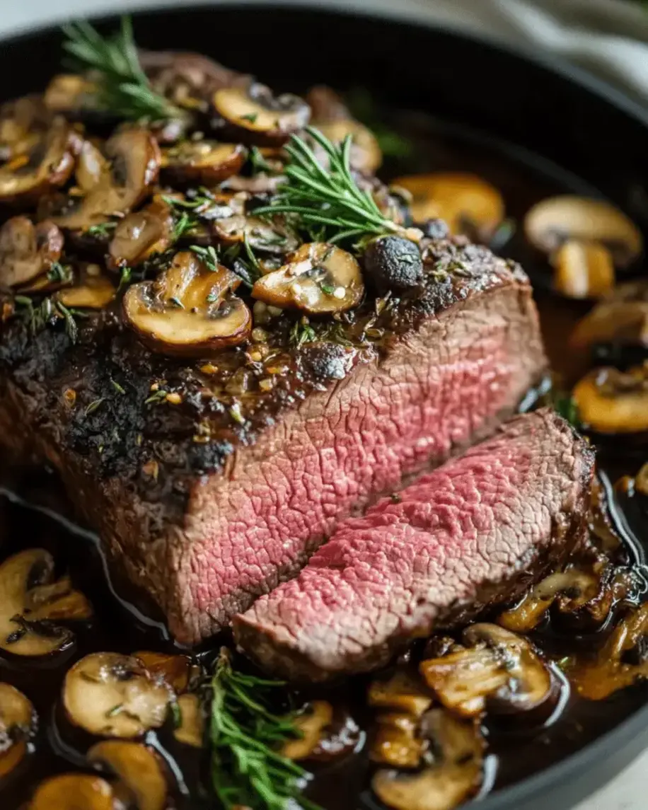 Plated perfectly seared rib eye roast with garlic rosemary mushrooms, garnished with herbs on a elegant dinner table.