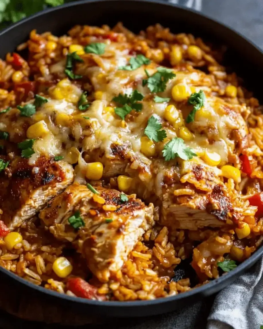 Finished chicken and rice skillet dish ready to serve