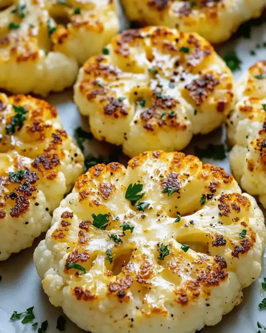 Close-up of plated cheesy baked cauliflower steaks with herbs and bread nearby.