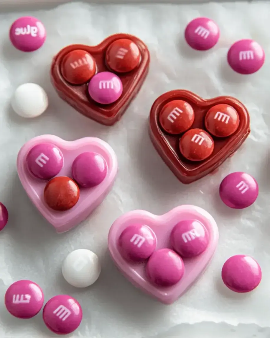 Close-up of finished heart-shaped M&M candy pops, ready for gifting or sharing.