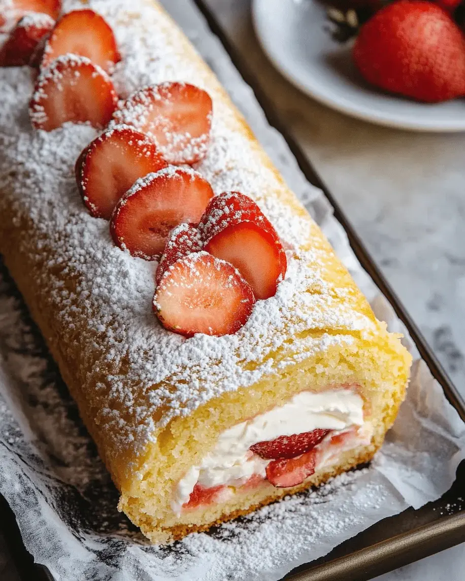 Delicious Strawberry Cream Roll Cake with fresh strawberries on top