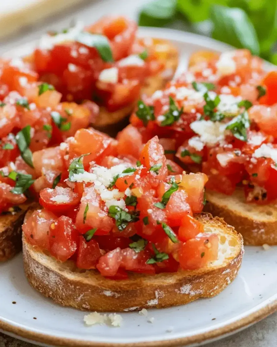 Assembled bruschetta ready to serve with fresh basil garnish