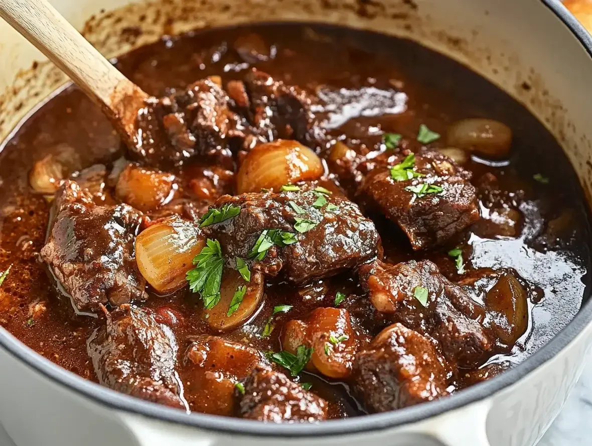 A rustic, steaming pot of Beef Bourguignon with vegetables and herbs.