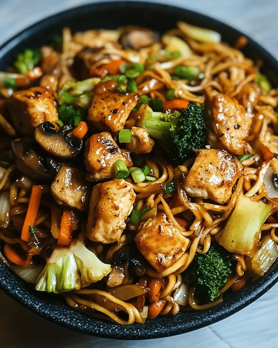 Close-up of sizzling Garlic Chicken Lo Mein with colorful sautéed vegetables in a wok