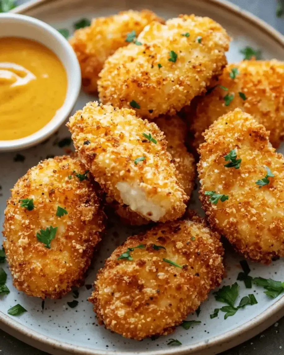 Finished crispy baked chicken tenderloins plated with sides, showcasing the golden crust