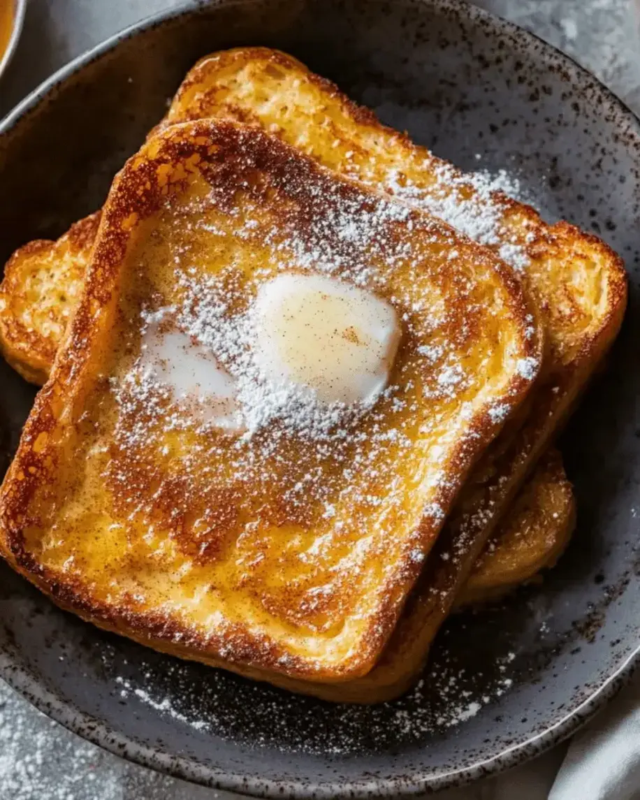 Close-up of a decadent stack of cinnamon brioche french toast, showcasing its fluffy interior and golden-brown crust, with a drizzle of syrup.