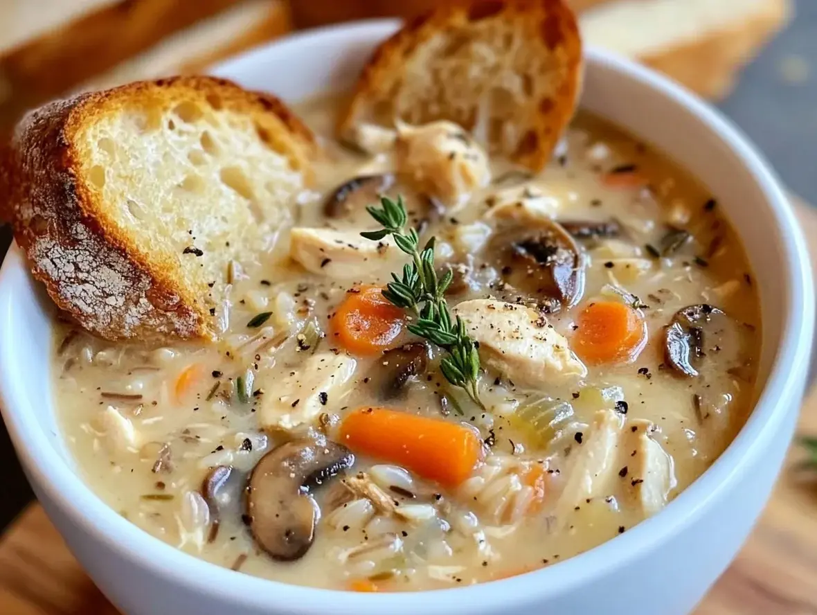 Bowl of creamy chicken and wild rice soup garnished with parsley