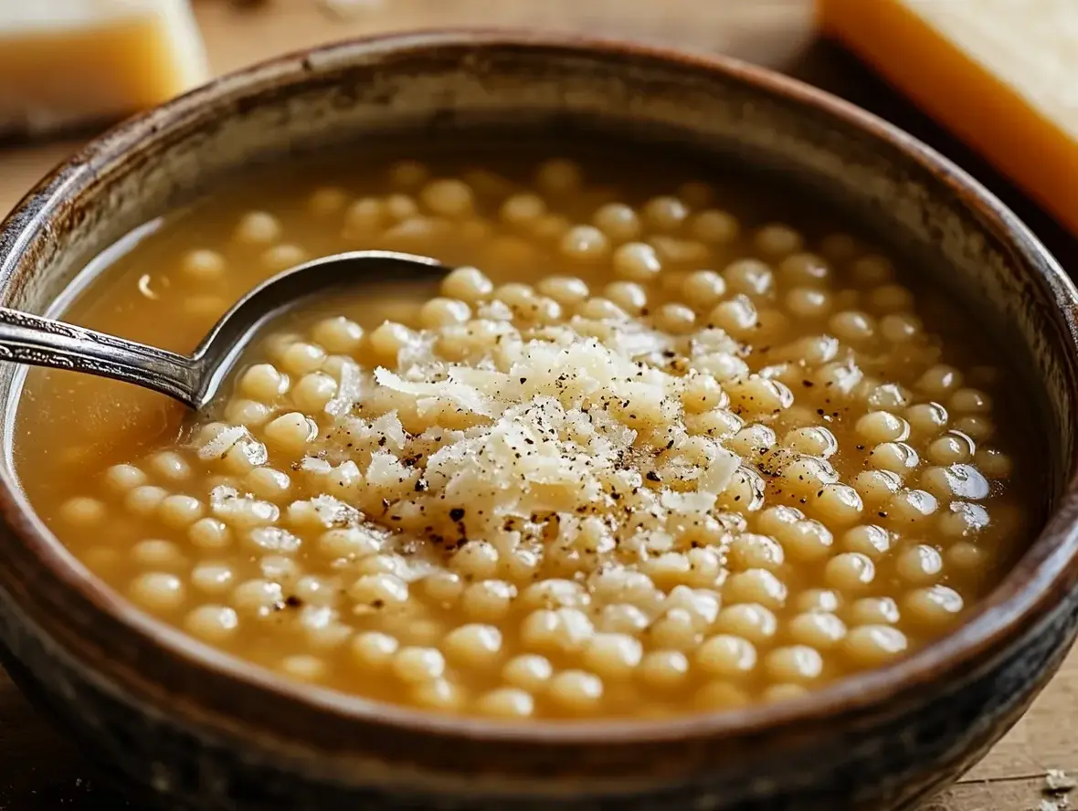 A steaming bowl of Italian Penicillin pastina soup with tiny star-shaped pasta.