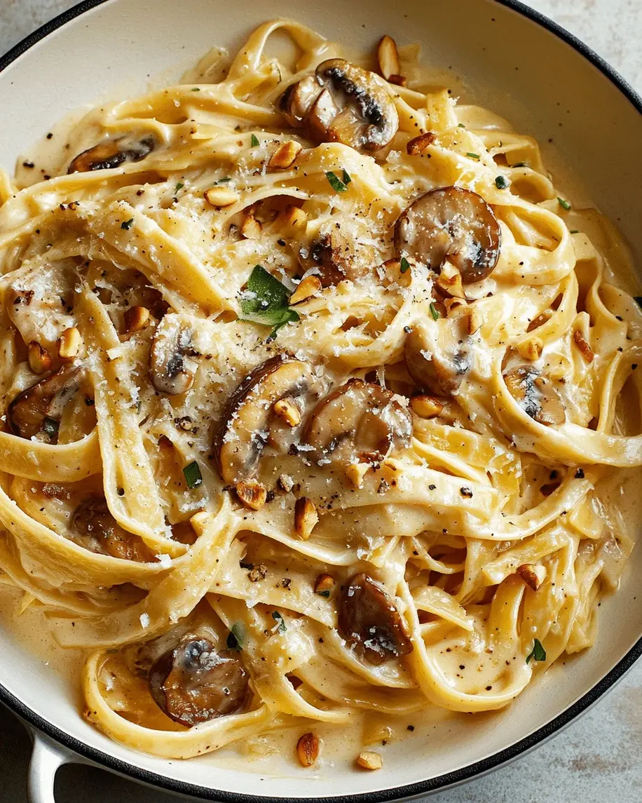 Finished Creamy Mushroom and Leek Fettuccine with Pine Nuts served on a plate