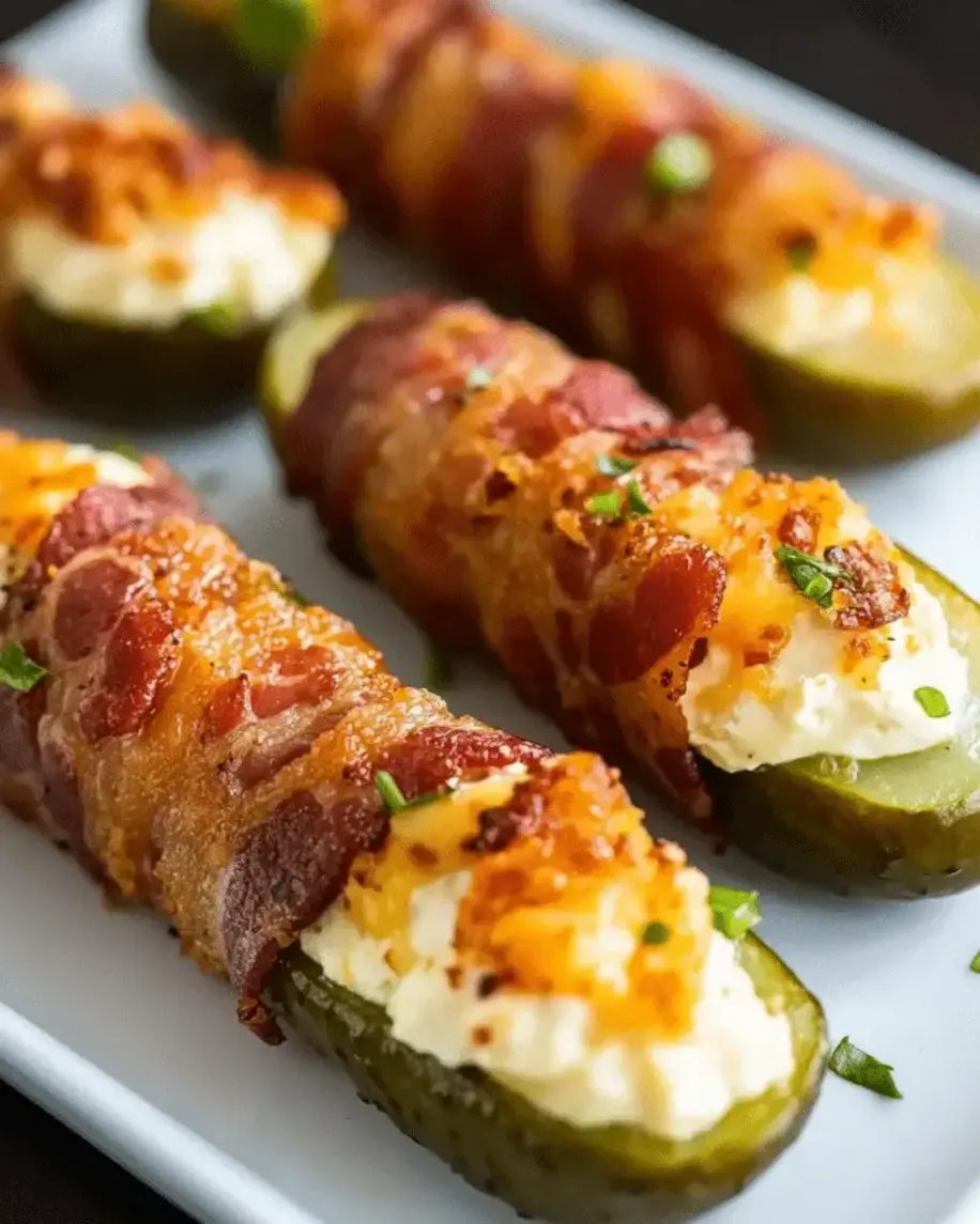 Freshly cooked bacon-wrapped pickles arranged on a serving platter, ready to enjoy.