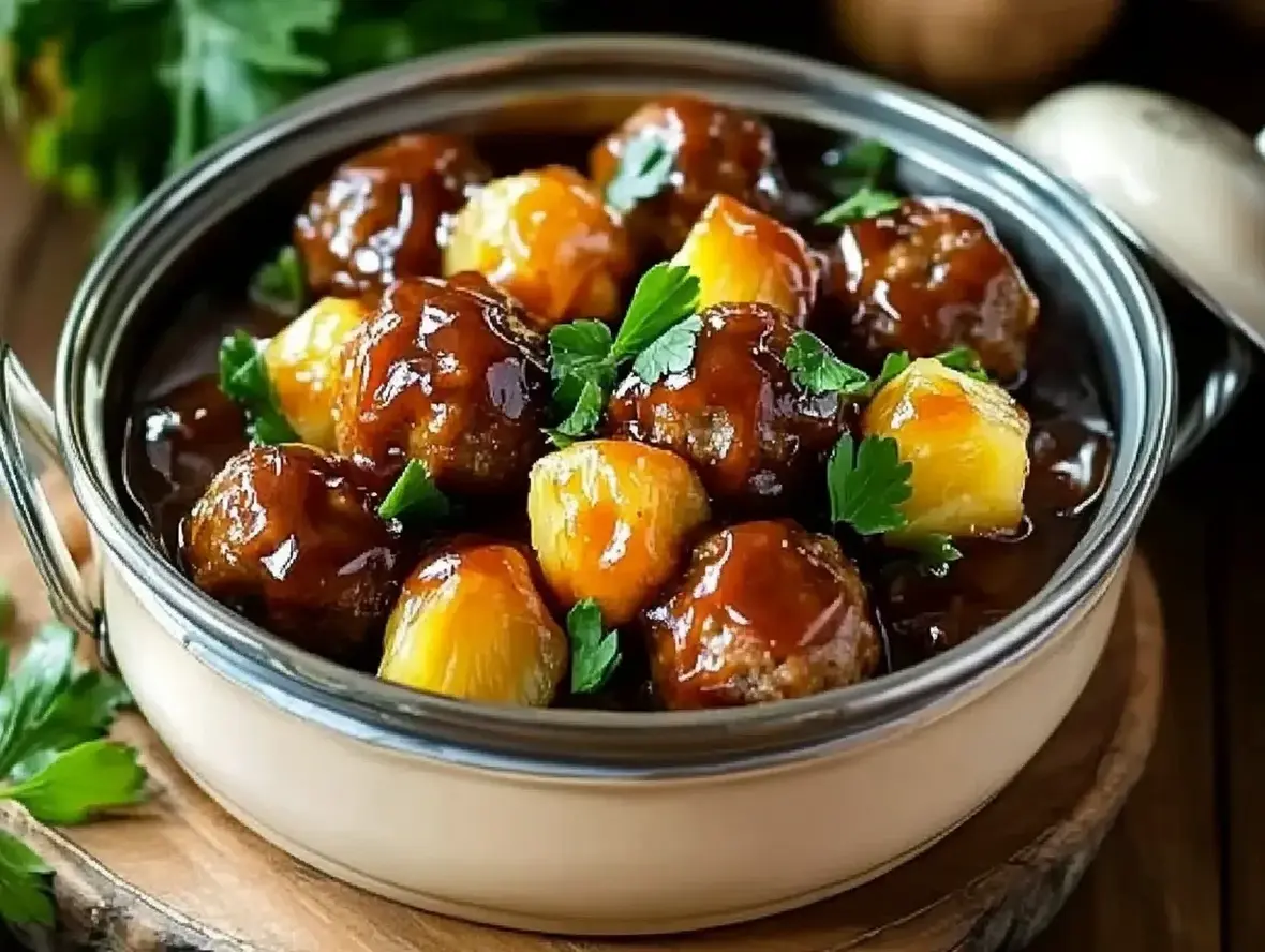 Finished dish of Easy Barbecue Meatballs with Pineapple