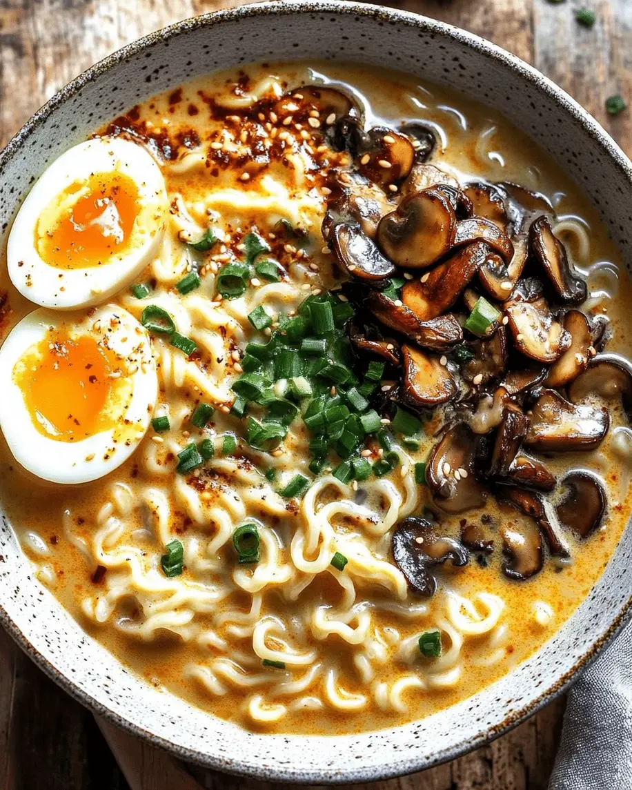 Close-up of a bowl of flavorful ramen with shiitake mushrooms and coconut broth.