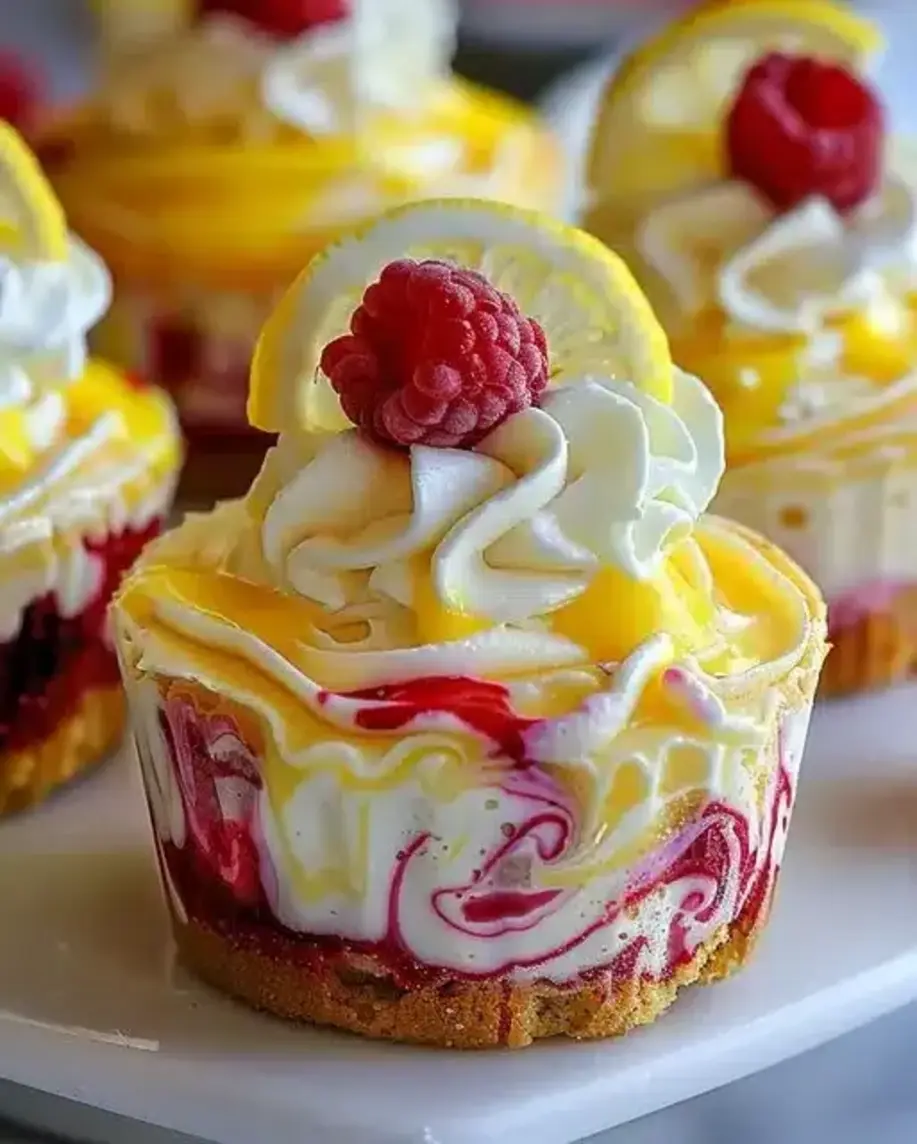 Lemon Raspberry Swirl Cheesecake Cups in a cupcake liner, showing the swirl detail.