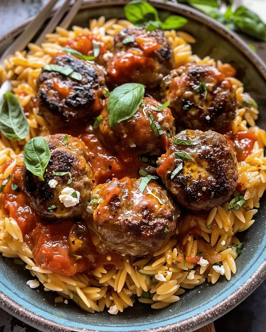 Finished Mediterranean Orzo Meatball Skillet garnished with parsley and feta, ready to serve
