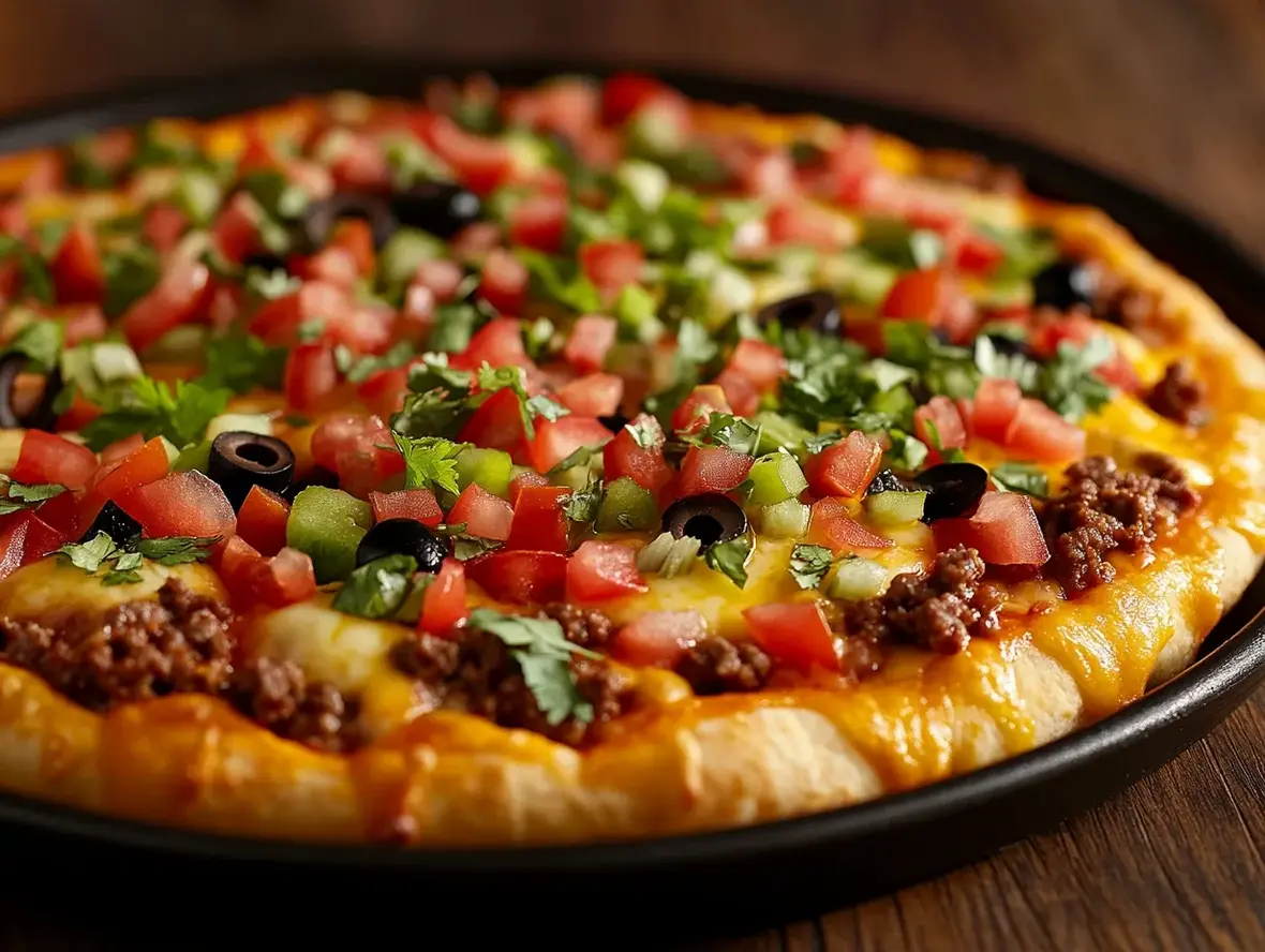 Delicious Sheet Pan Taco Pizza ready to be sliced and served, showcasing vibrant colors of toppings and melted cheese.