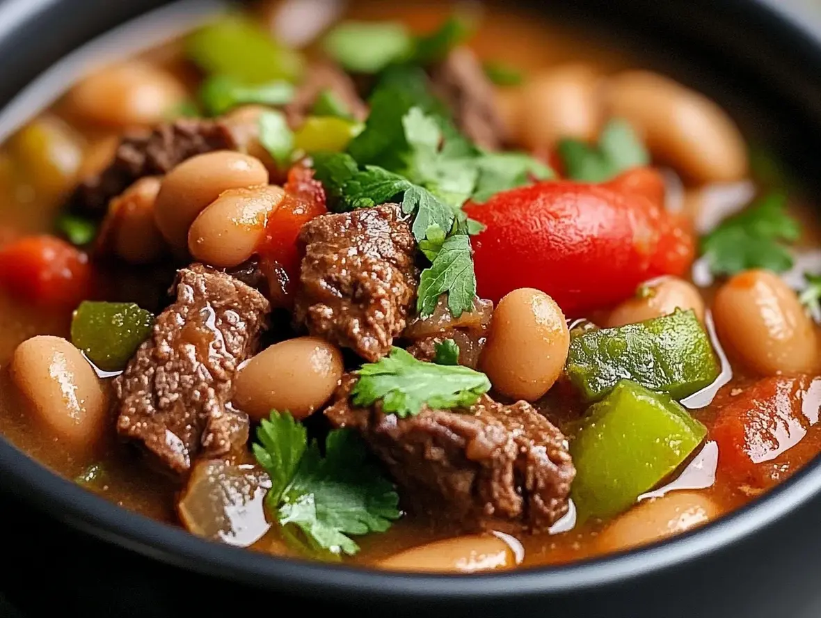 Slow cooker filled with pinto beans and green chile ingredients.