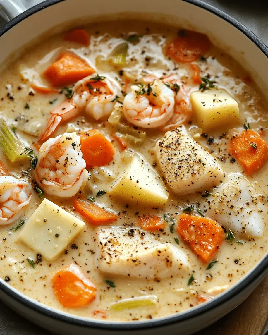 Close-up view of creamy seafood chowder simmering in a pot with fresh vegetables floating in the rich broth.