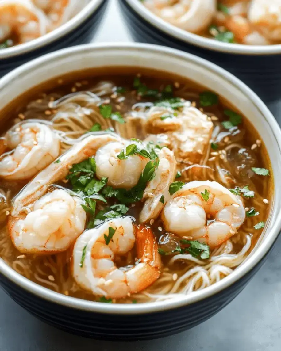 A steaming bowl of finished Shrimp and Dumpling Soup with Rice Noodles ready to enjoy