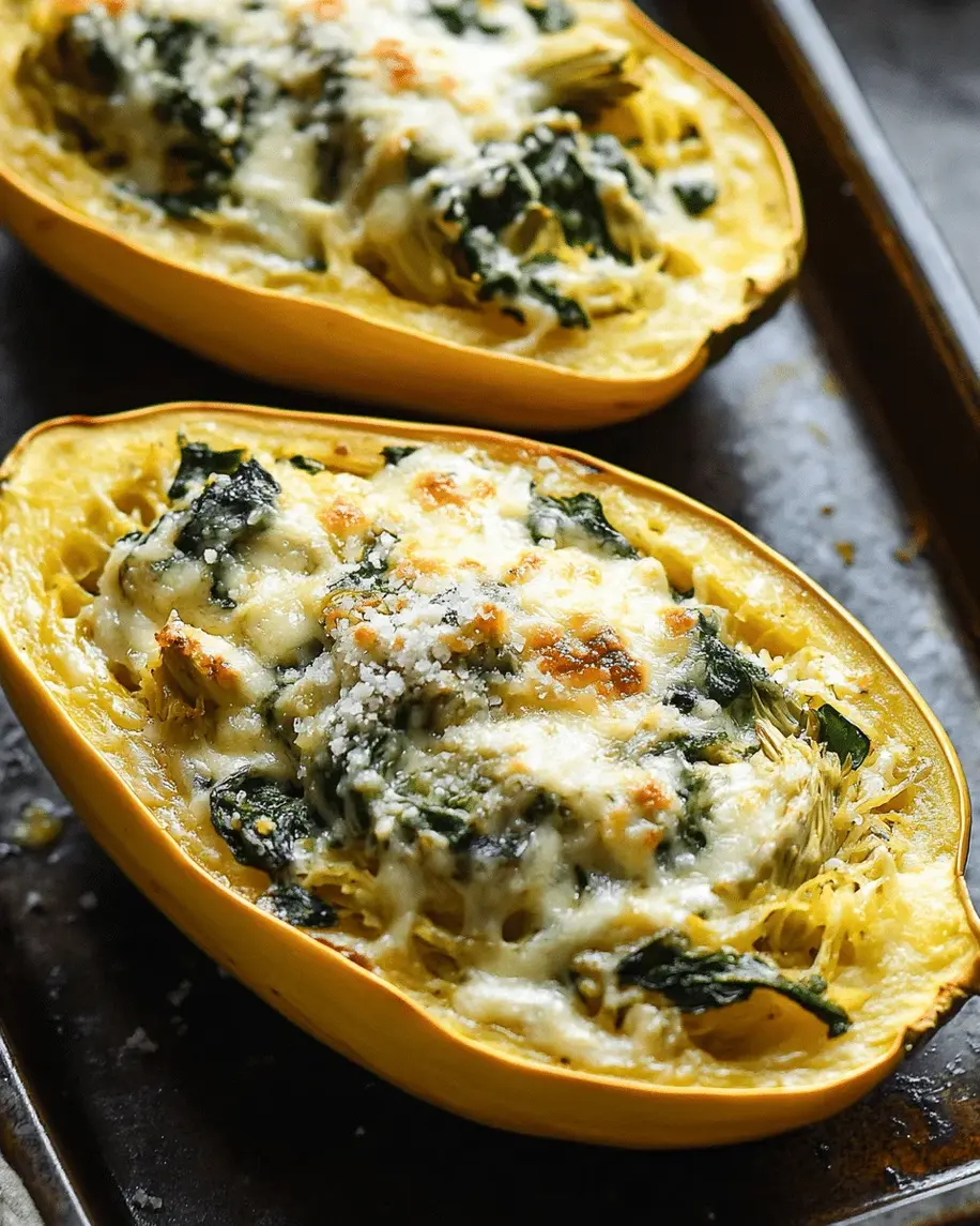 Halved spaghetti squash ready for roasting with filling ingredients nearby