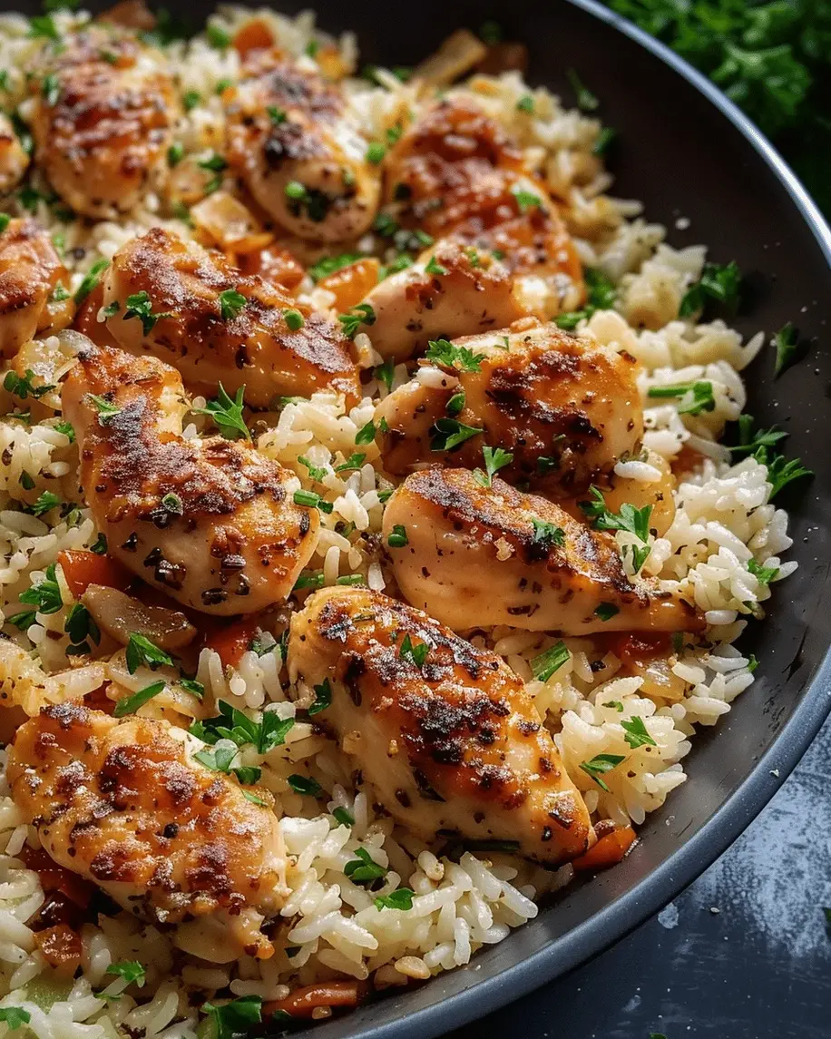 A plated dish of Chicken Scampi with Garlic Parmesan Rice, garnished and ready to enjoy.