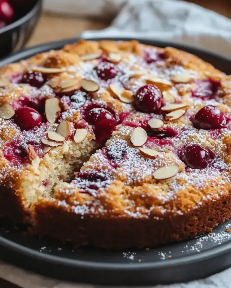 A beautifully decorated Almond Cherry Cake with a dusting of powdered sugar and sliced almonds.