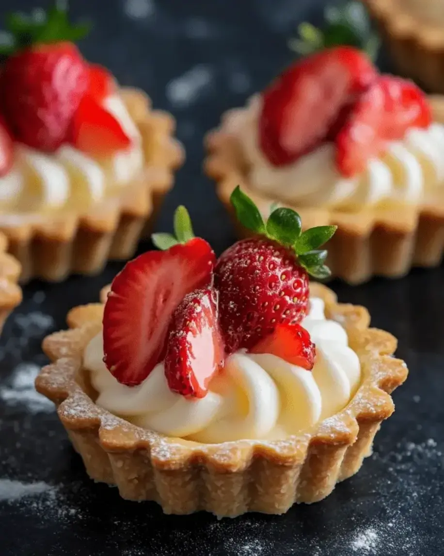 Colorful ingredients for strawberry tartlets including fresh strawberries, flour, and eggs