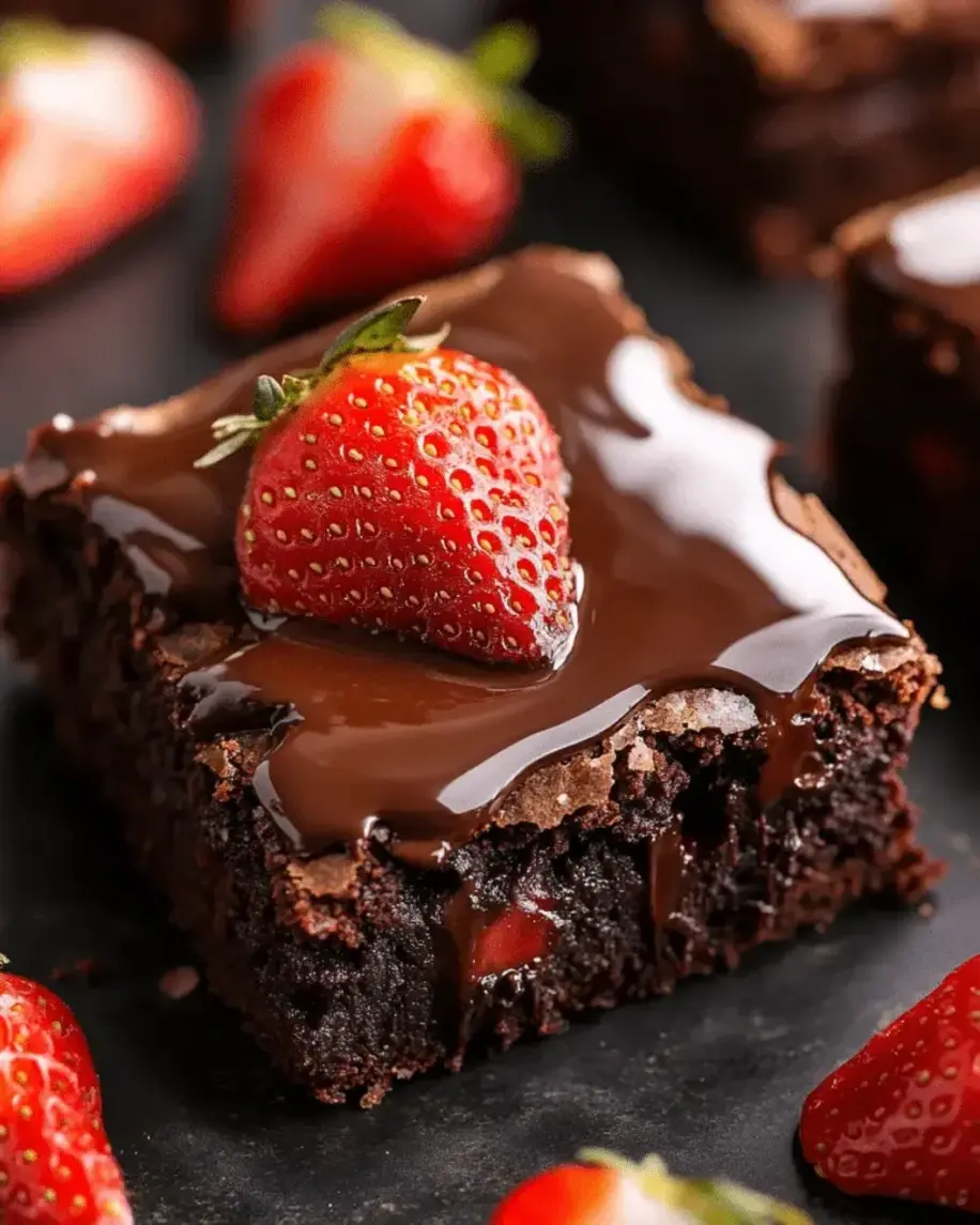 A serving of chocolate strawberry brownies topped with a scoop of ice cream
