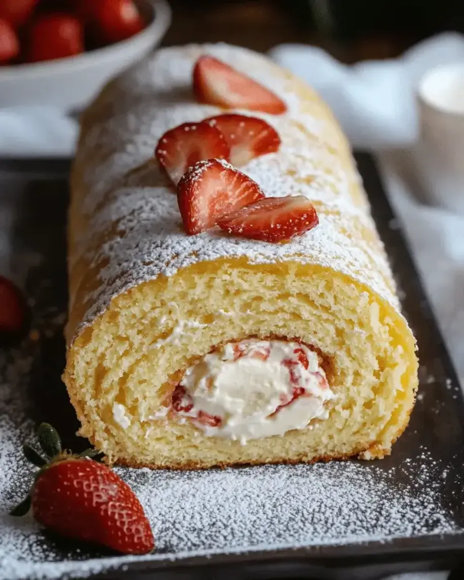 Close-up of a slice of Strawberry Cream Roll Cake showing the swirled layers