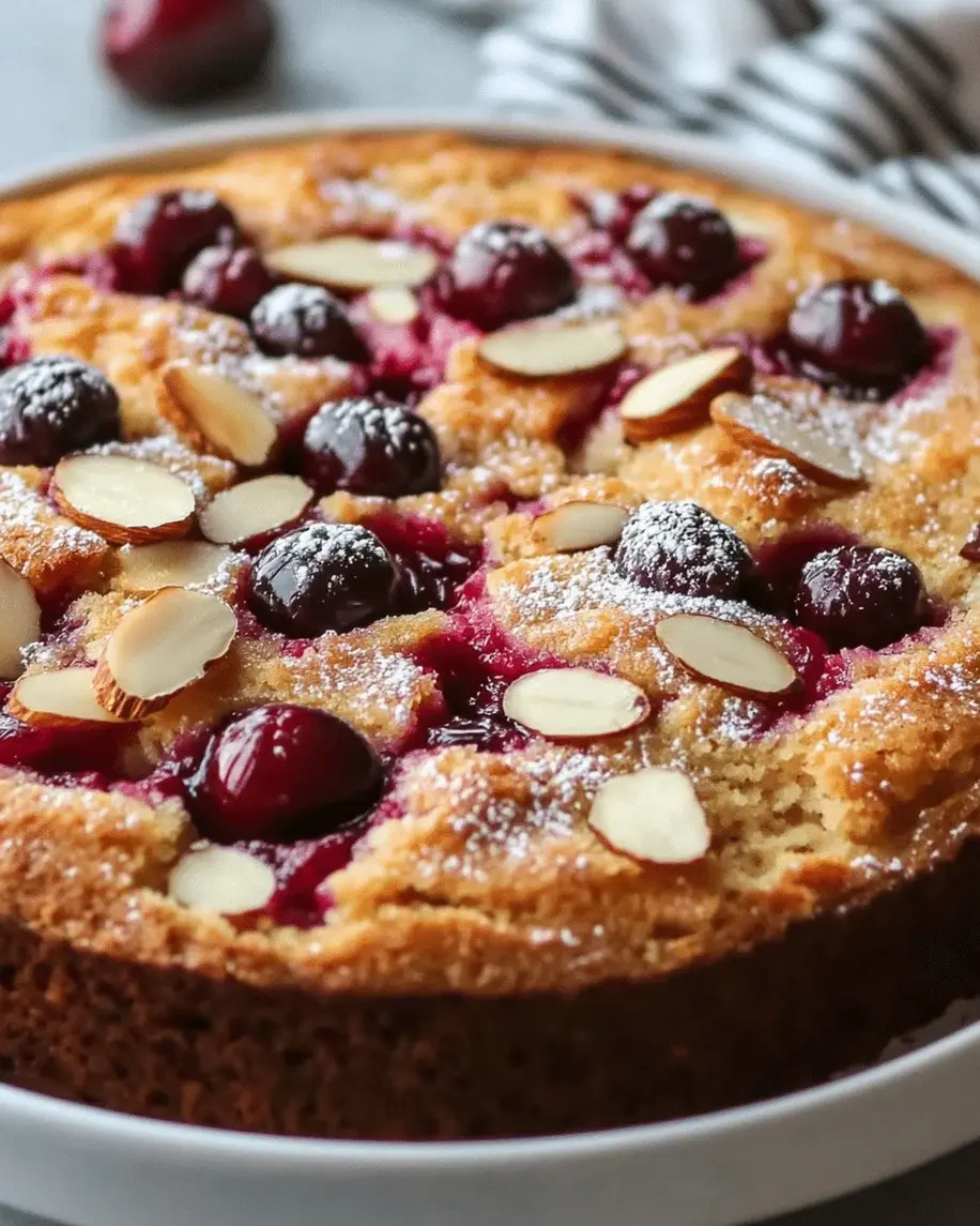Close-up of a slice of Almond Cherry Cake with Buttermilk, showing the moist crumb and cherries.