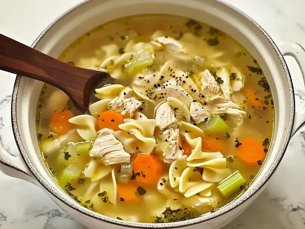 A steaming bowl of homemade chicken noodle soup with visible noodles and vegetables.