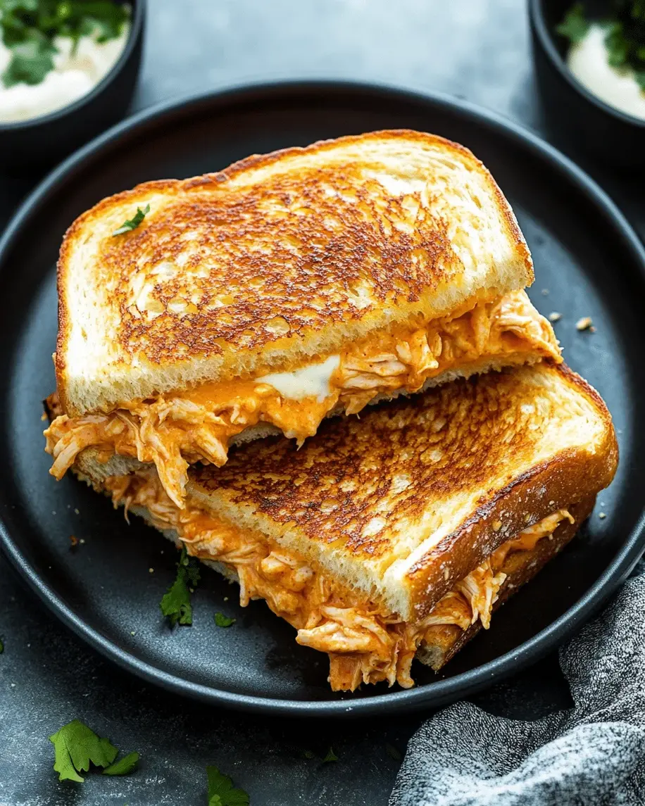 Mouthwatering Buffalo Chicken Grilled Cheese sandwich with melted cheese and spicy sauce oozing out