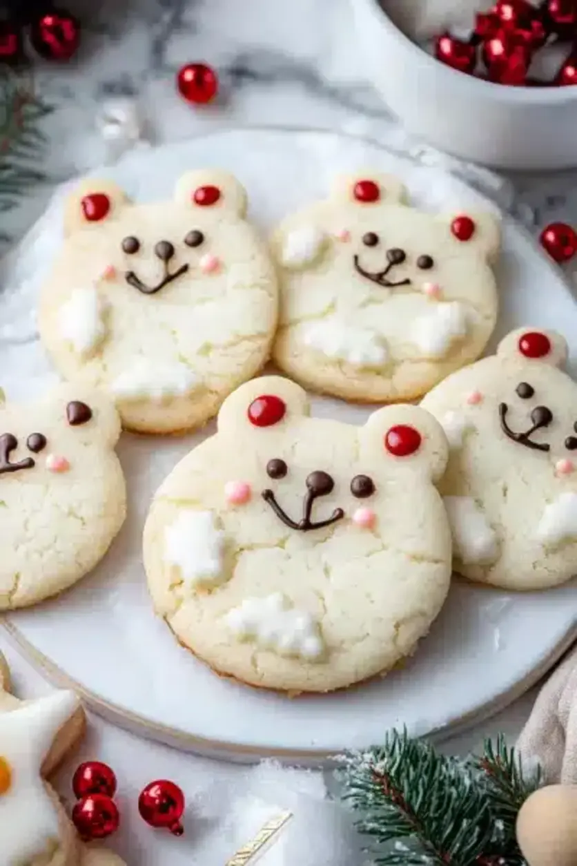 Whimsical polar bear cookies arranged on a festive plate.